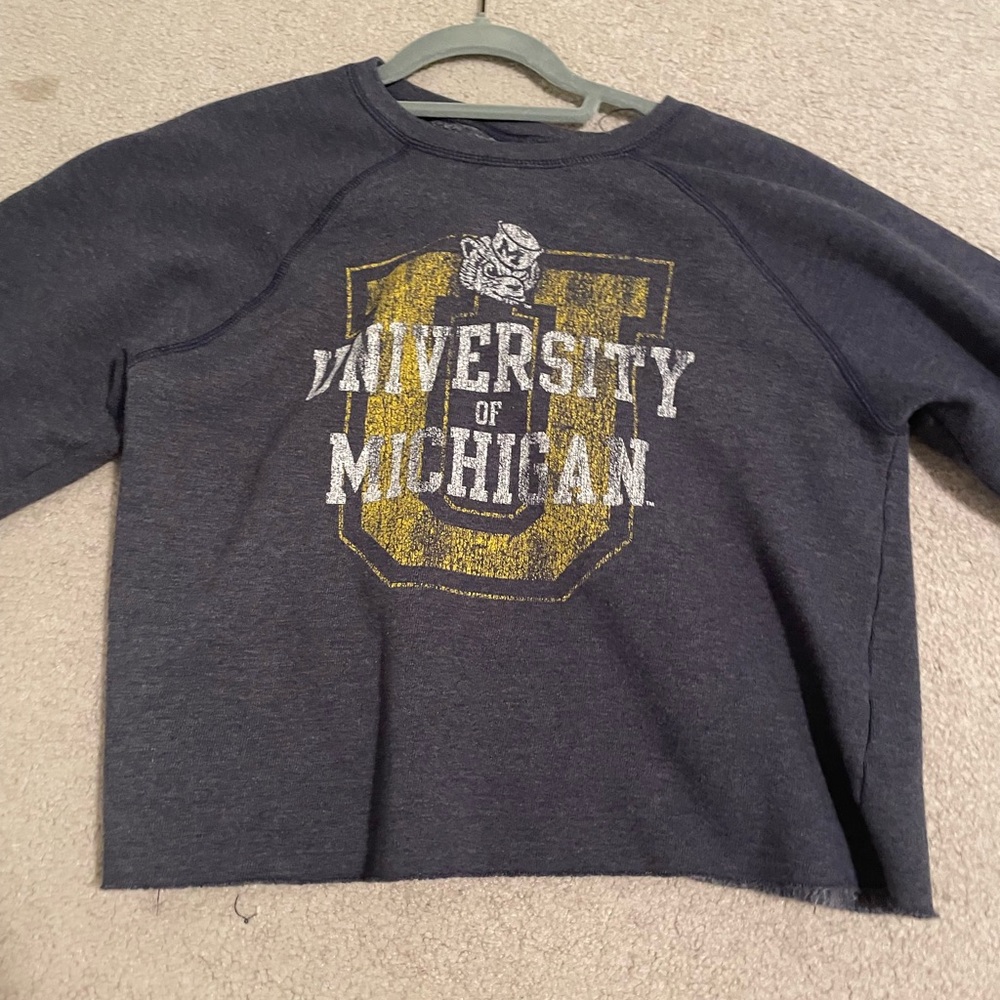 Distressed university of Michigan light crewneck navy small